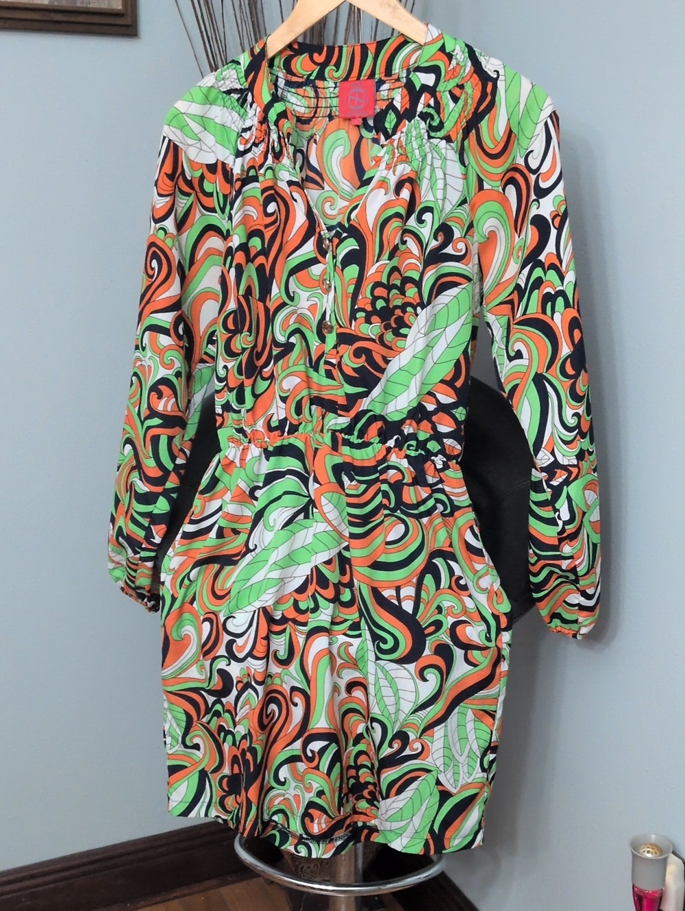 Tracy Negoshian Multicolor Swirl-Print Long Sleeve Dress in Green & Orange